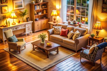 Miniature Living Room: Cozy Couch, Armchair & Decor - Top View Tilt-Shift Photo