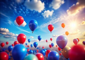 Miniature Red and Blue Balloons Floating, Tilt-Shift Photography