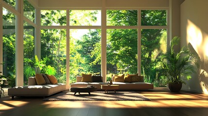 Sunlight streams into a modern living room with a lush garden view.
