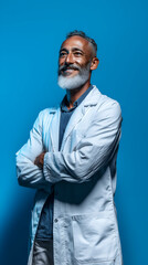 Fototapeta premium Smiling Older Male Doctor in Medical Coat: Portrait of a Bearded Medical Professional with Confidence and Expertise on Blue Background