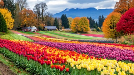 Colorful tulip field autumn landscape