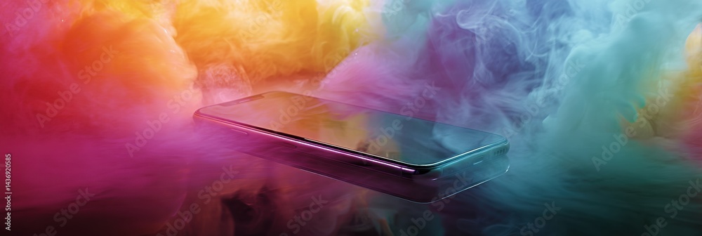 Poster Floating Smartphone Surrounded by Colorful Gradient Fog Creating a Dreamy Aesthetic in a Visually Striking Atmosphere