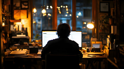 Silhouetted person working late at a cozy home office.