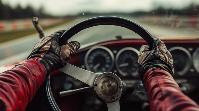Close-up of hands in leather gloves gripping a vintage car's steering wheel during a race.