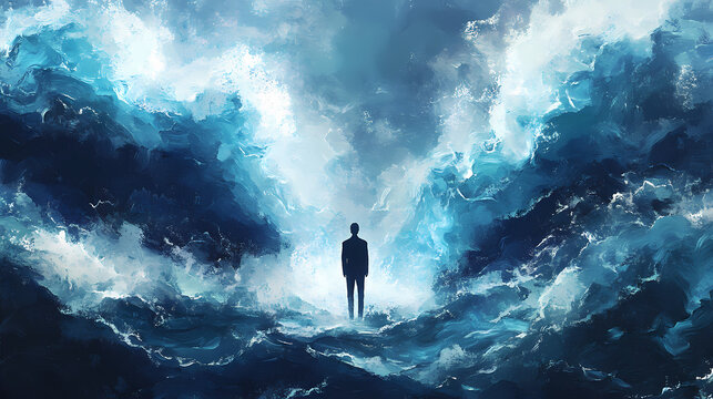A figure stands amidst contrasting ocean waves, symbolizing the duality of emotions and the interplay between darkness and light. Ego Rift. Illustration