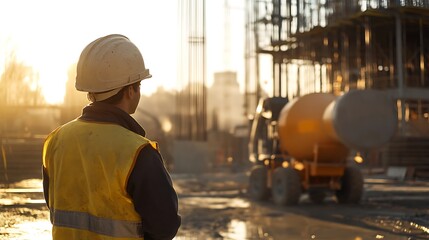 Construction Worker Overlooking Site at Sunset