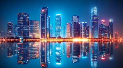 Fototapeta premium Illuminated cityscape reflecting on tranquil water at night.