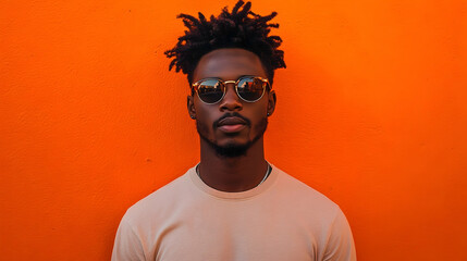 Obraz premium Stylish man with intricate dreadlocks against a vibrant orange backdrop.