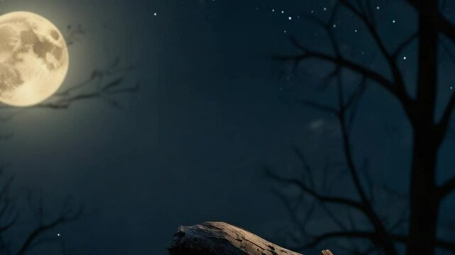 Owl taking flight at night, moonlit forest
