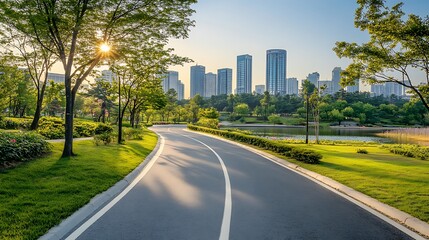 Fototapeta premium Urban park path winds through lush greenery toward modern city skyline.