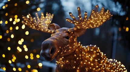 Illuminated moose statue, festive holiday display.