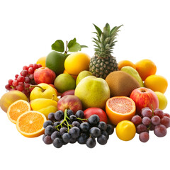Fresh Fruit Mix on White Background with Grapes and Berries. Fruit mix on a white and transparent background, with grapes and blueberries, lemon, strawberry, orange, apple, and banana, PNG cutout.	
