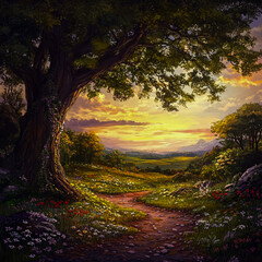 Obraz premium A stunning fantasy landscape with lush greenery, vibrant flowers, and a carpet of soft grass covering the ground.