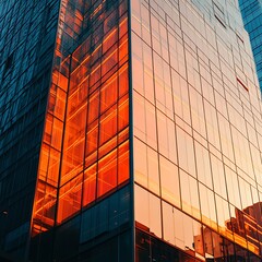 Modern skyscraper facade illuminated by sunset hues.
