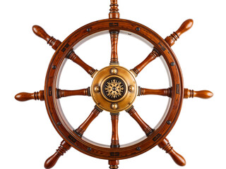 Wooden ship steering wheel isolated on transparent background, nautical and vintage style. Generative AI