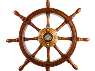 Wooden ship steering wheel isolated on transparent background, nautical and vintage style. Generative AI