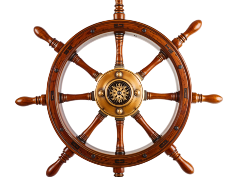 Wooden ship steering wheel isolated on transparent background, nautical and vintage style. Generative AI