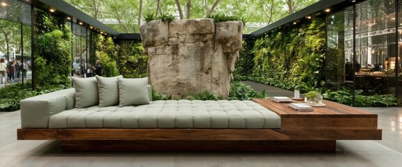 Modern Wooden Daybed in a Green Courtyard