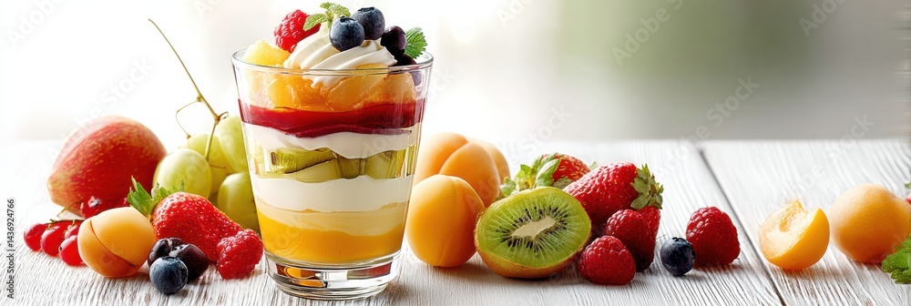 Poster layered parfait with fresh fruits and cream served on a white tabletop with vibrant berry and melon 