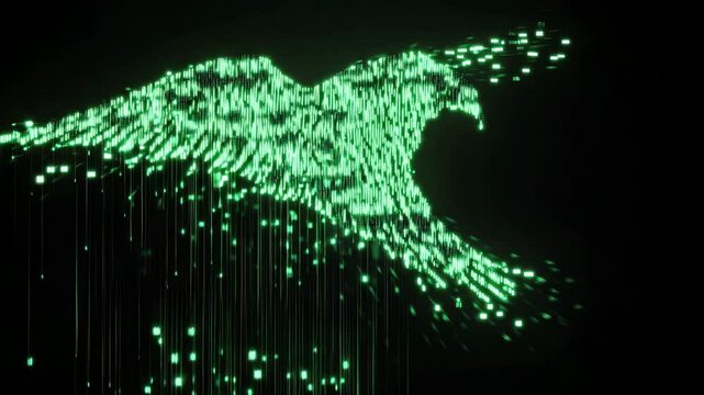 Green bird digital matrix pattern of glowing stars, data, and light for a futuristic technology concept