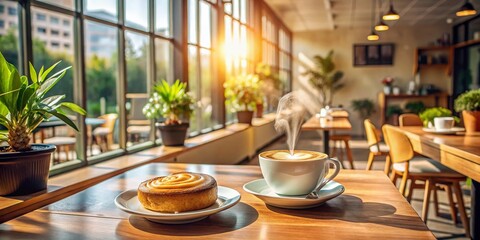 Fototapeta premium Modern Cafe Coffee Break: Stylish Latte Art and Pastry on Marble Table