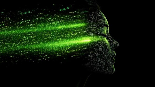 Abstract digital illustration of a human head silhouette with a binary code pattern and glowing green technological light