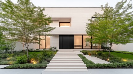 Obraz premium Modern, minimalist home exterior with landscaped grounds
