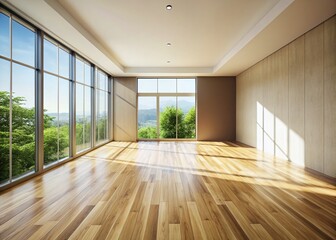 Obraz premium Modern Empty Room, Wooden Floor, Large Window - Perfect for Food Photography