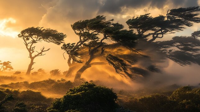 Majestic trees bending in a golden sunset wind storm landscape photography