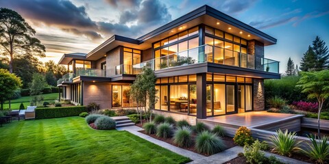 Obraz premium Modern Home Exterior, Abundant Greenery, Large Windows, Luxury Real Estate Photography