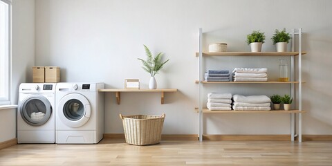 Modern Laundry Room Interior Design with Freshly Washed Clothes and Ample Copy Space