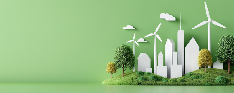 Eco friendly cityscape with wind turbines and trees ecology, environment protect, Earth day, Renewable energy, recycling
