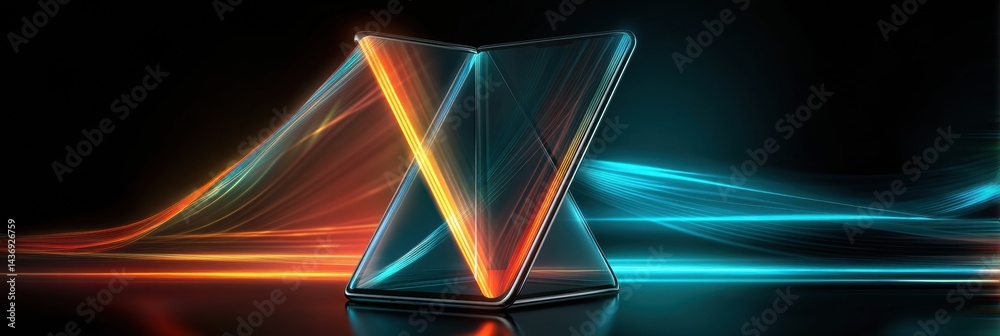 Poster Futuristic Foldable Smartphone With Neon Screen Opens Against Dark Background Showcasing Advanced Technology and Design Features