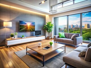 Fototapeta premium Modern Living Room Interior with Smart Home Tech: TV, Laptop, Tablet & Smartphone