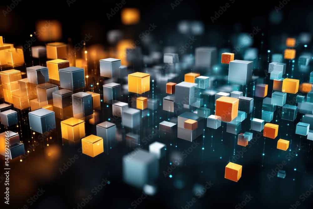 Aufkleber Floating Blocks and Cubes Illustrate Blockchain Technology Concept in a Dynamic Digital Environment