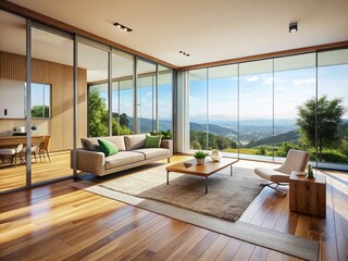 Fototapeta premium Modern Minimalist Living Room with Glass Sliding Doors, Wooden Frame, Aerial View