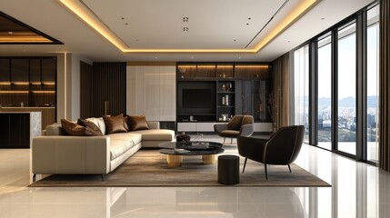 Modern luxury living room with beige sectional sofa, dark armchairs, city view.