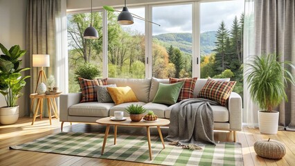 Modern Scandinavian Boho Living Room Interior Design with Comfy Couch, Plaid, Marble Side Table & Natural Light