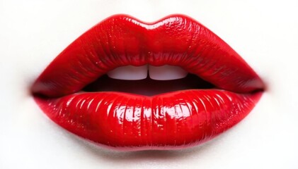 Obraz premium Close-up of perfectly shaped red lips on white backdrop, isolated, banner, color