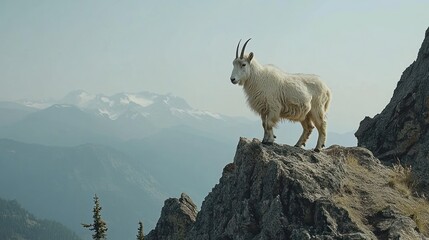 Mountain goat standing on a rocky peak overlooking a hazy mountain range.