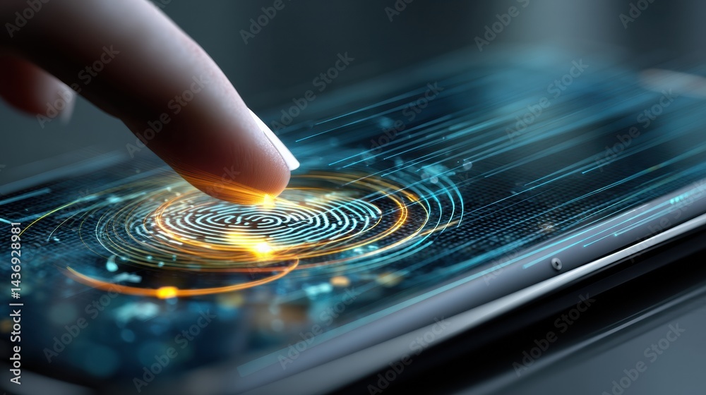 Poster floating hand interacts with smartphone featuring glowing biometric fingerprint scanner technology