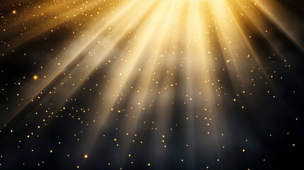 Golden light rays and sparkles on a black background.