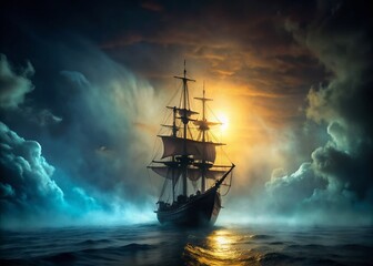 Fototapeta premium Mysterious Fog-Shrouded Ship Silhouette at Sea - Adventure Stock Photo