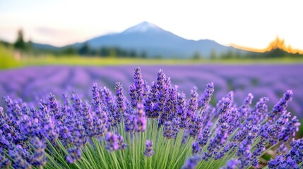 Naklejka premium Lavender Field Lush Blooms Vibrant Sunset Photography High-resolution Close-up View Soft Focus Blooming Lavender Mountain Background Serene Purple Tones Ideal for Relaxation Ads