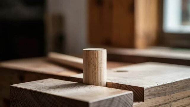 Woodwork workshop hammer hand wooden block carpentry tools shaping wooden pieces with precise joinery in focused workshop setting