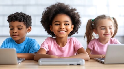 Happy children using laptops in a classroom setting