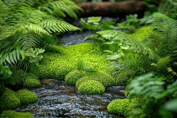Serene stream flowing through lush green moss and ferns in a tranquil forest.