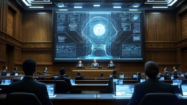 Businessmen Watching Futuristic Holographic Display in Wooden Conference Room