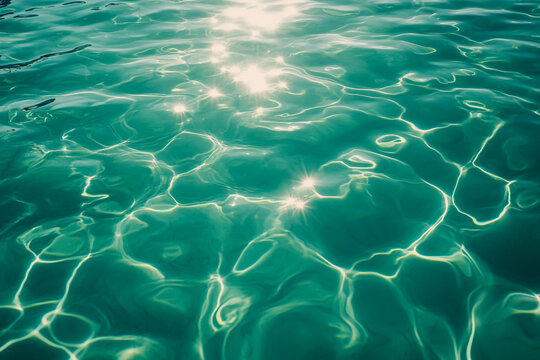 Abstract light green water texture background with sunlight reflections and gentle waves in a transparent swimming pool, showcasing calm waves and shimmering surface patterns.