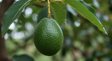 Hanging Avocado on Tree with Green Leaves Outdoor
